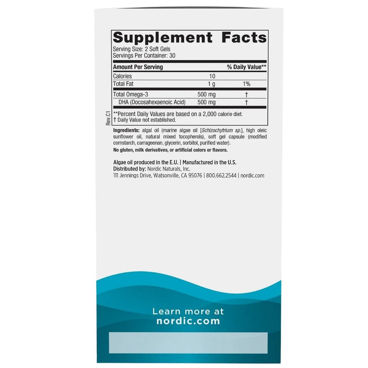 Nordic Naturals Algae DHA (Omega-3 from Algae) 500 mg - 60 Capsules
